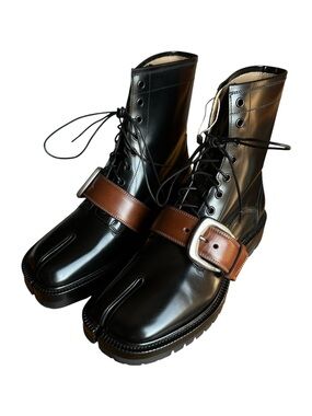 Maison Margiela Black Leather Ankle Combat Tabi Boot w Brown Buckle Strap EU40